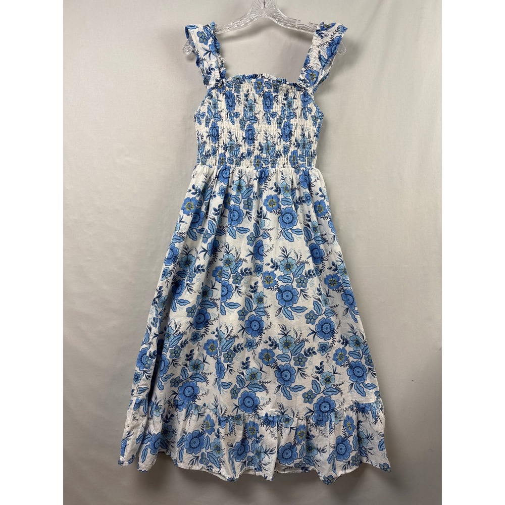 Blue Floral Midi Dress with Smocked Bodice